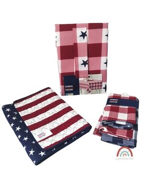 New! Patriotic Americana Gingham Stars Kitchen Tablecloth Runner Linens Set